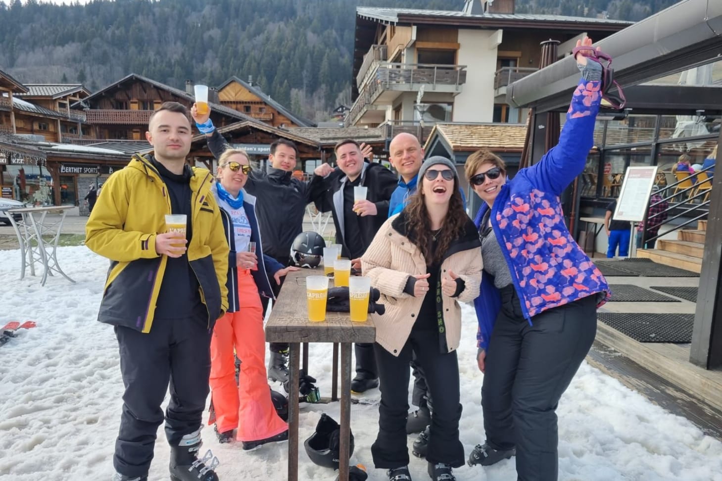 Solo Skiers enjoying Apres Ski in Les Gets ski resort