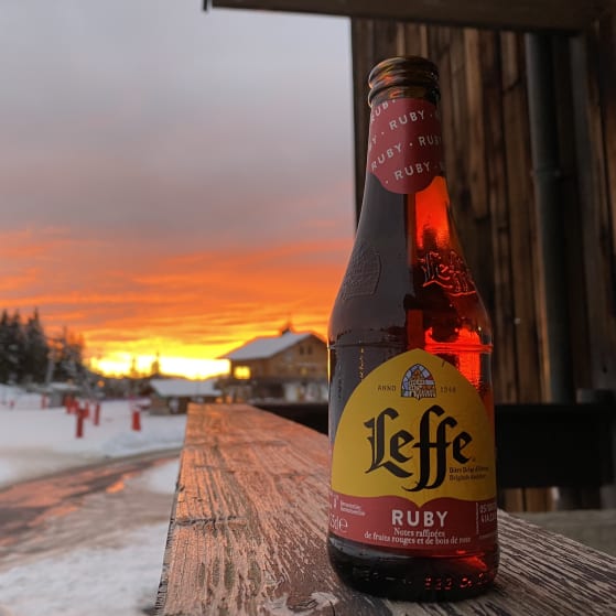 Bottle of beer on the slopes in Les Gets