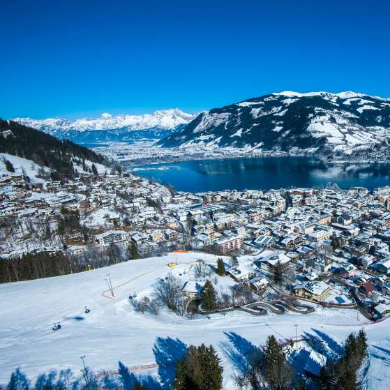 Zell Am See see town as seen from the mountain with the lake in the background