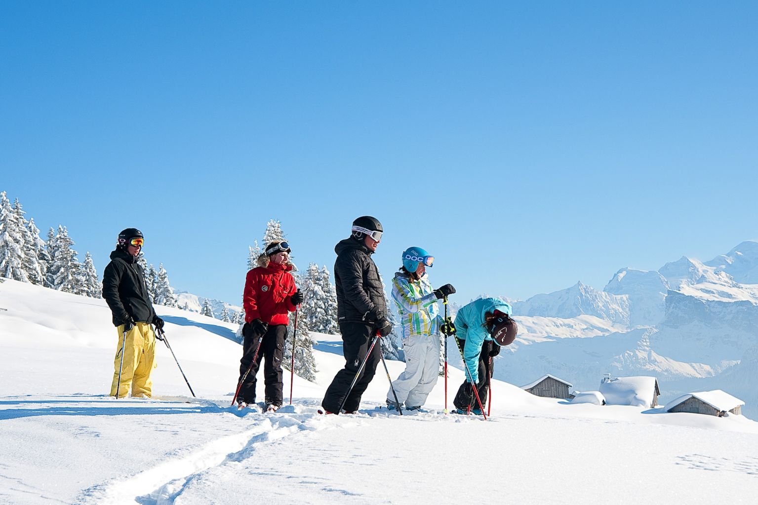Guided ski group on top of mountain