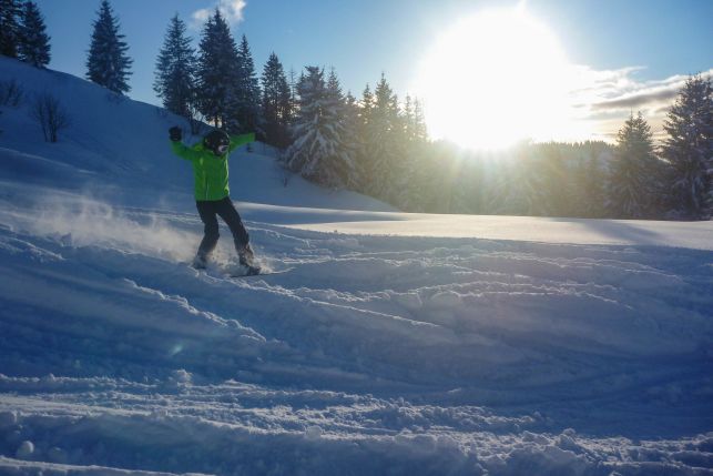 Snowboarder at Sunset in Les Gets