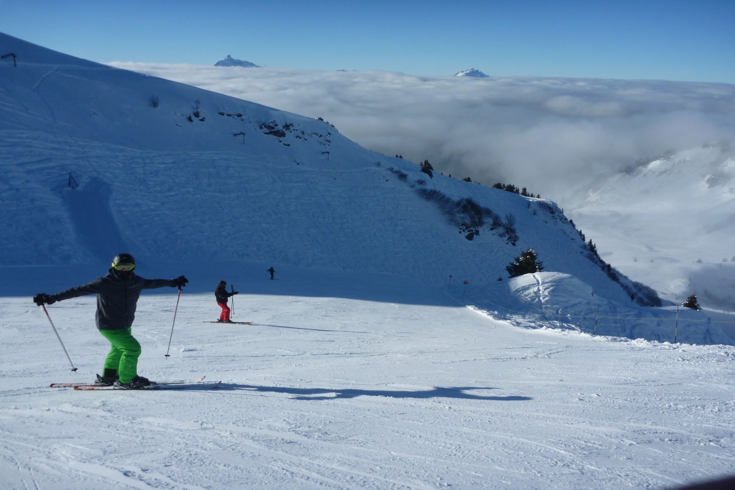 View of skiers on the piste